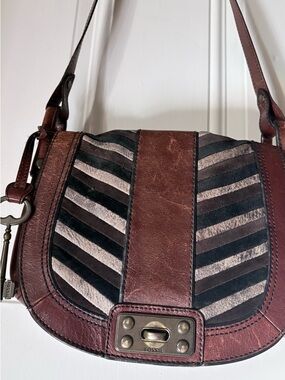 Fossil Brown Leather Crossbody with Black and Gray Striped Panels